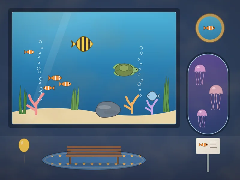 Inside an aquarium: a huge tank of blue water with clownfish, yellow angelfish, a sea turtle, corals, seaweed and rising bubbles, a round side tank of pink jellyfish, a porthole window, a bench, a little information stand and a starfish rug on the floor.