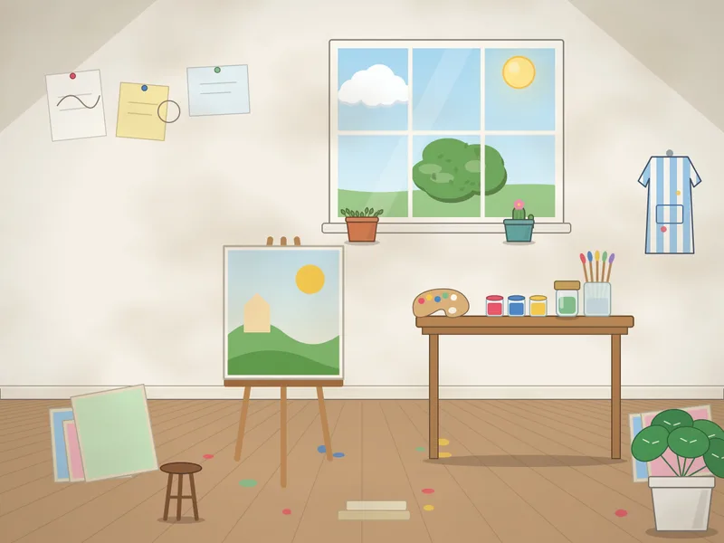 An attic art studio with a big window, an easel holding a landscape painting, a table of paint pots and a brush jar, a palette, a cactus and herbs on the sill, canvases leaning on the wall, sketches pinned up, a smock on a hook, a stool, a big monstera and paint splashes on the floorboards.