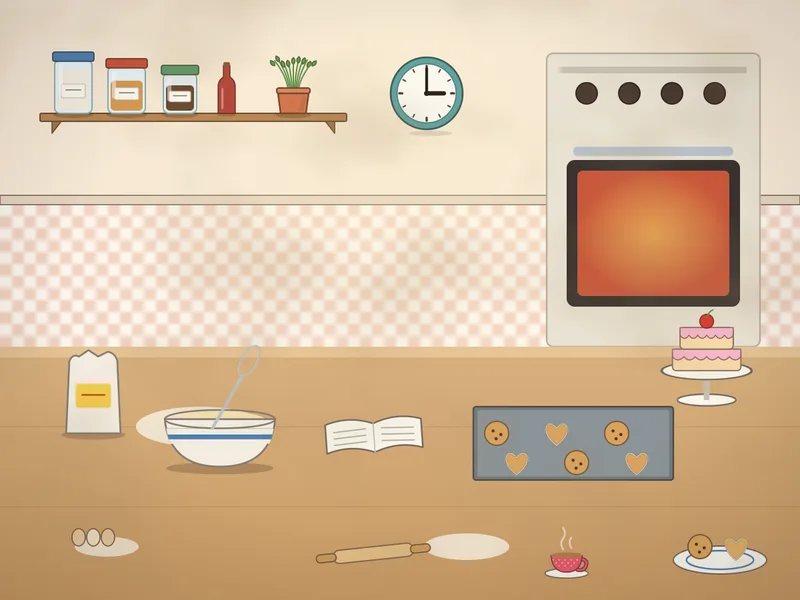 A kitchen table set for baking: a mixing bowl with a whisk, a rolling pin, a bag of flour, eggs, an open recipe book, a tray of heart and round cookies, a layered cake on a stand, jars on the shelf and an oven glowing behind.