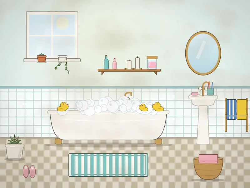 A bright bathroom with a roll-top bath full of bubbles, rubber ducks on its rim, brass taps, a shelf of bottles and candles, a frosted window with a plant, a pedestal basin with a mirror, a toothbrush mug, a towel rail with towels, a bath mat, slippers and a laundry basket.