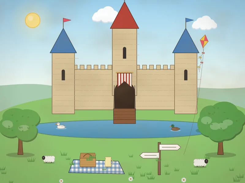 A castle with round towers, battlements and flags on a green hill, a drawbridge over a moat with ducks and a rowing boat, a banner over the gate, sheep grazing, oak trees, a signpost and a family picnic blanket with a hamper.