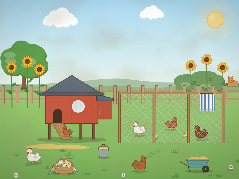 A red wooden hen house on legs with a ramp and a nest box, brown and white hens pecking, chicks, a wire run with a tea towel on it, a feed bucket, a basket of eggs, sunflowers by the fence and a cat on a fence post.