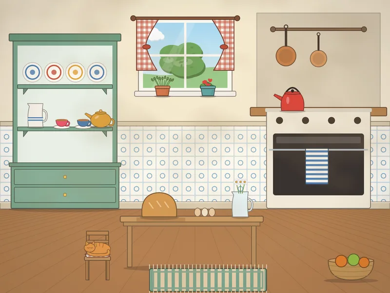 A country kitchen with a green painted dresser full of plates and jugs, a cream range cooker with a red kettle, copper pans hanging on a rail, a scrubbed table with a loaf, eggs and a jug of flowers, and a cat on a chair.