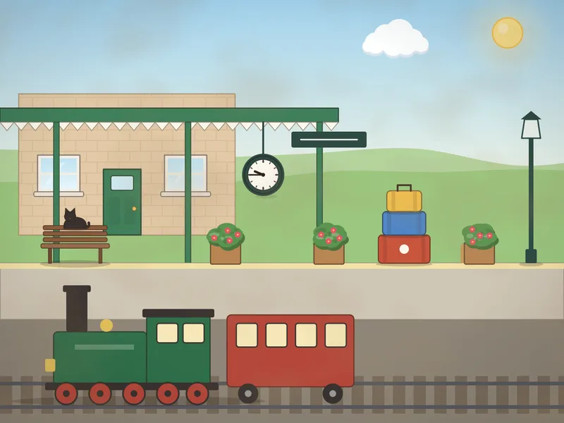 A small country railway station: a green steam engine and red carriage at the platform, a canopy with a hanging clock, benches, stacked suitcases, tubs of flowers, a station cat, a lamp post and hills behind.