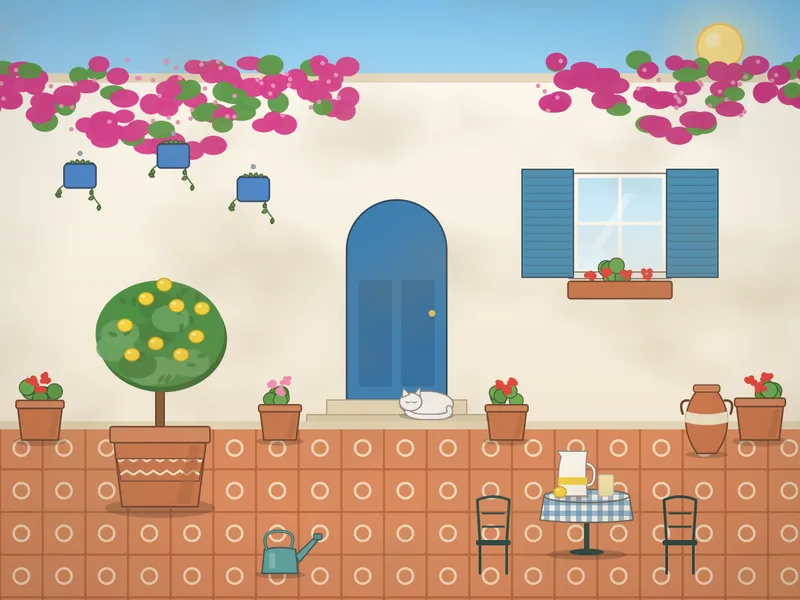 A sunny courtyard with whitewashed walls, a blue door and shuttered window, pink bougainvillea, a lemon tree in a big pot, terracotta pots of red geraniums, blue wall pots, a tiled floor, a little table with lemonade, a sleeping cat and a gecko on the wall.