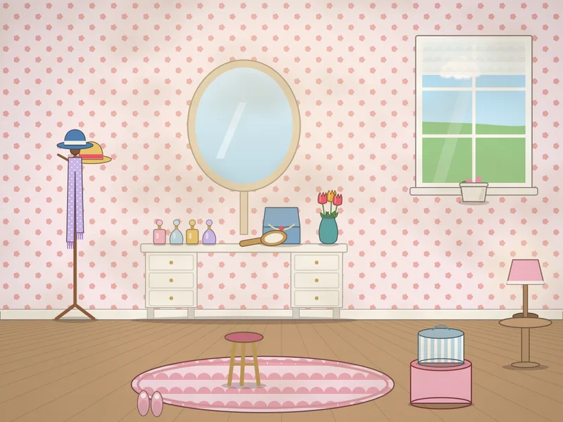 A bedroom corner with flowered wallpaper: a cream dressing table with a mirror, perfume bottles, an open jewellery box, a hairbrush and a vase of tulips, a velvet stool, a hat stand with hats, striped hat boxes, a window with lace, a lamp and a rug.