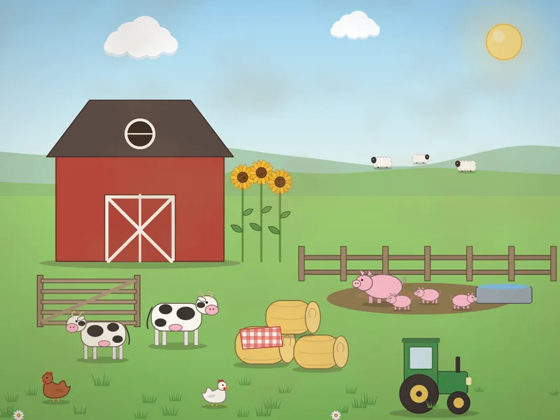 A small farm on a sunny day: a red barn with white doors and a hayloft, black and white cows by a five-bar gate, a pig and piglets in a muddy pen, sheep on the hill, a green tractor, round hay bales with a picnic cloth, a water trough, hens and sunflowers.