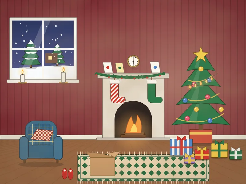 A cosy sitting room in December: a decorated tree with baubles and a topper, wrapped presents underneath, a lit fireplace with a garland, stockings and cards on the mantel, a snowy window, an armchair with a blanket, candles and a cat in a cardboard box.