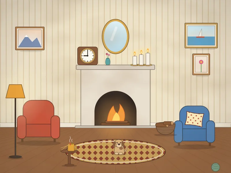 A cosy sitting room with a lit fireplace, a mantelpiece with candles, a clock and little vases, two armchairs, a dog asleep on a rug, a basket of logs, a floor lamp and paintings on striped wallpaper.