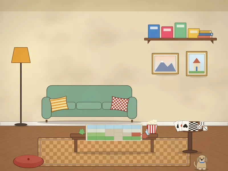 A sitting room set for games night: a half-finished jigsaw on a coffee table with loose pieces, a chequered board, dice and cards on a side table, a bowl of popcorn, a sofa with cushions, a standard lamp, a shelf of boxed games, a floor cushion and a dog asleep.