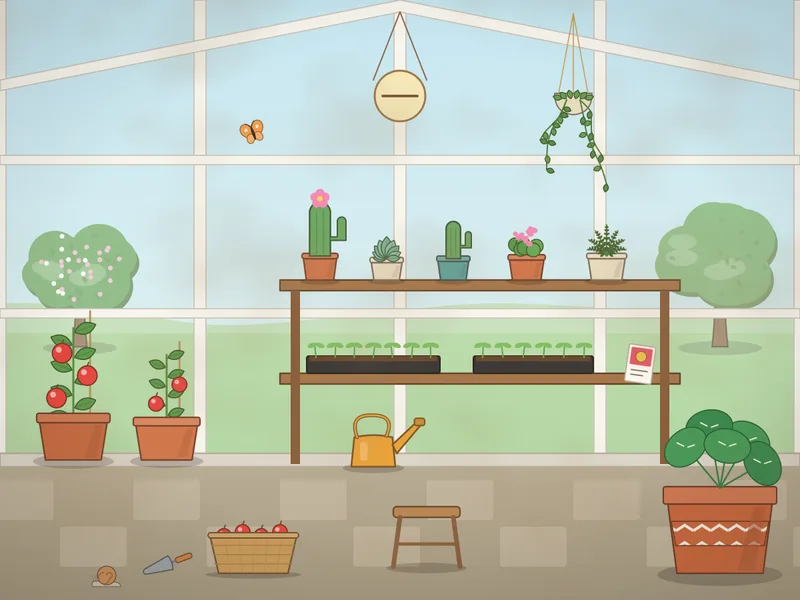 Inside a small greenhouse with glass panes and a white frame: tomato plants on canes, staging shelves of cacti and succulents, a hanging basket, a watering can, a stool and a butterfly near the roof.