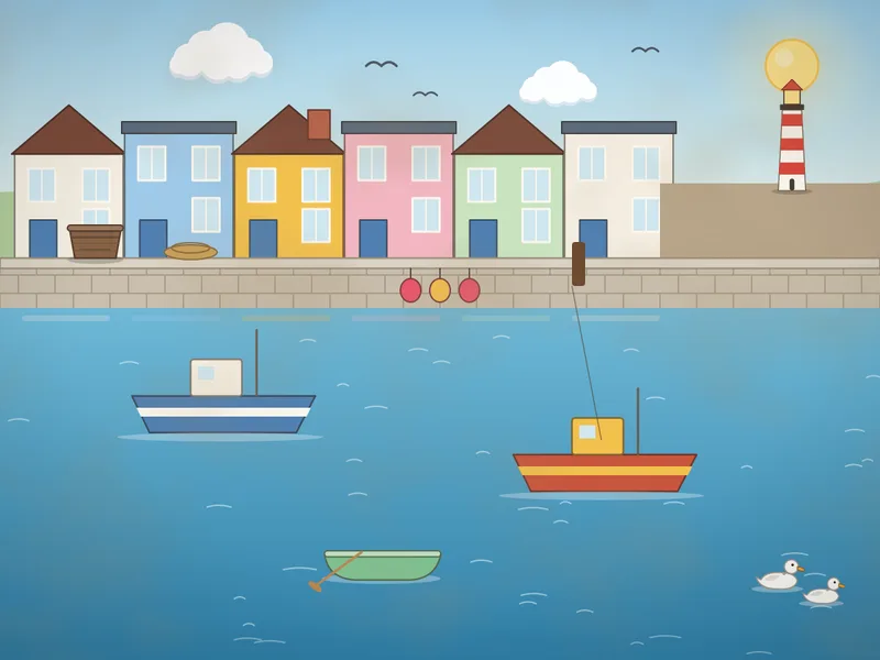 A small harbour with a row of painted cottages on the quay, fishing boats and a rowing boat on calm water, lobster pots, buoys and a coil of rope on the stone quay, gulls overhead and a lighthouse on the harbour wall.