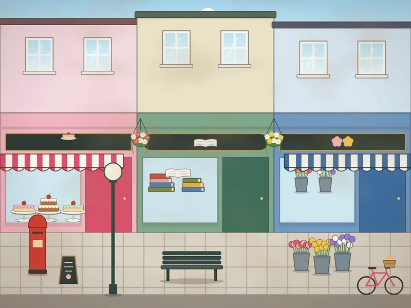 A small-town high street with three shops: a pink bakery with cakes in the window and a striped awning, a green bookshop with stacked books, and a blue florist with buckets of flowers outside, flats above with window boxes, hanging baskets, a red post box, a lamp post, a bench, a bicycle and a sandwich board.