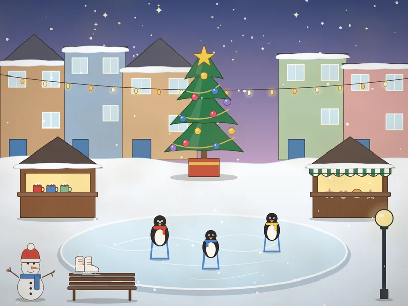 An outdoor ice rink in a snowy town square at dusk: penguin skating helpers on the ice, a tall decorated tree, wooden chalet stalls selling hot cocoa, strings of lights between snowy rooftops, lamp posts, a bench with a pair of skates and a snowman by the rink.