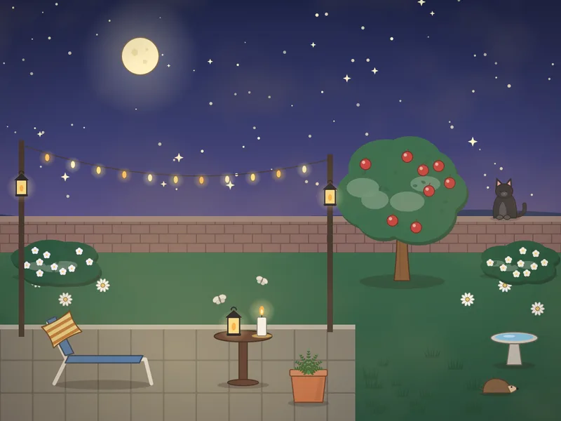 A garden at night under a starry sky and a big moon: a string of warm lights over a tiled patio, a lounger with a cushion, a table with a lantern and moths, white flowers, an owl in an apple tree, a hedgehog on the lawn and a cat on the wall.