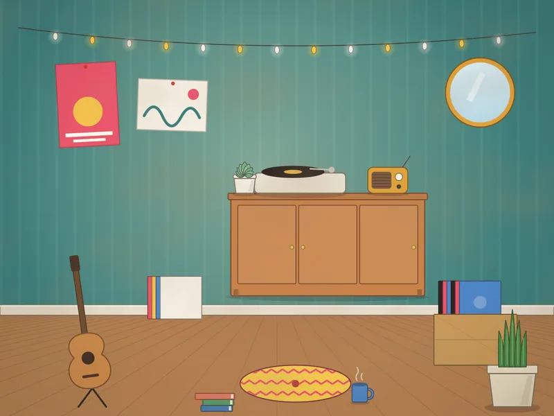A cosy music corner with a teal wall, a record player on a sideboard, a crate of records, an acoustic guitar on a stand, a floor cushion, posters and a round mirror, a tall plant, a radio and string lights.