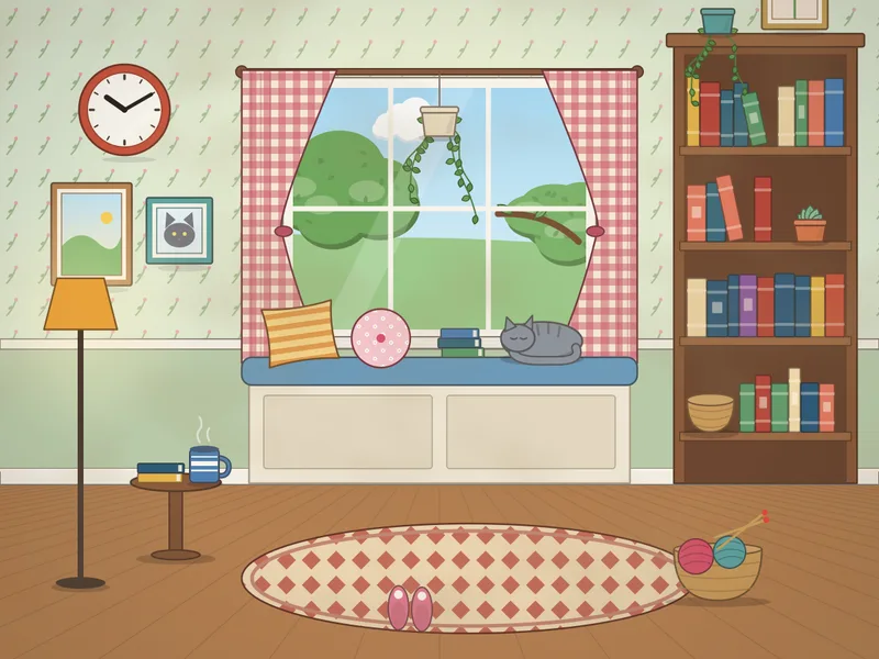A cosy reading corner: a window seat with cushions and a curled-up grey cat, a tall bookcase, a reading lamp, a side table with a mug and a garden view through the window.