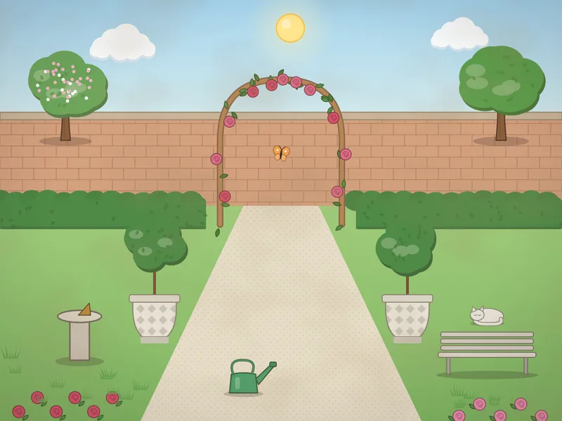 A walled garden with a rose-covered arch over a gravel path, clipped round topiary in pots, a sundial, a stone bench, a birdbath with a robin and borders of pink and red roses.