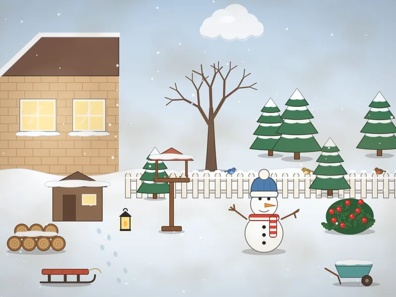 A snowy back garden: a cottage with lit windows and snow on the roof, a snowman with a hat and scarf, a bird table with seed, a holly bush with red berries, little birds on the fence, a sledge, footprints, snowy pines, a bare tree, a picket fence and snowflakes falling.