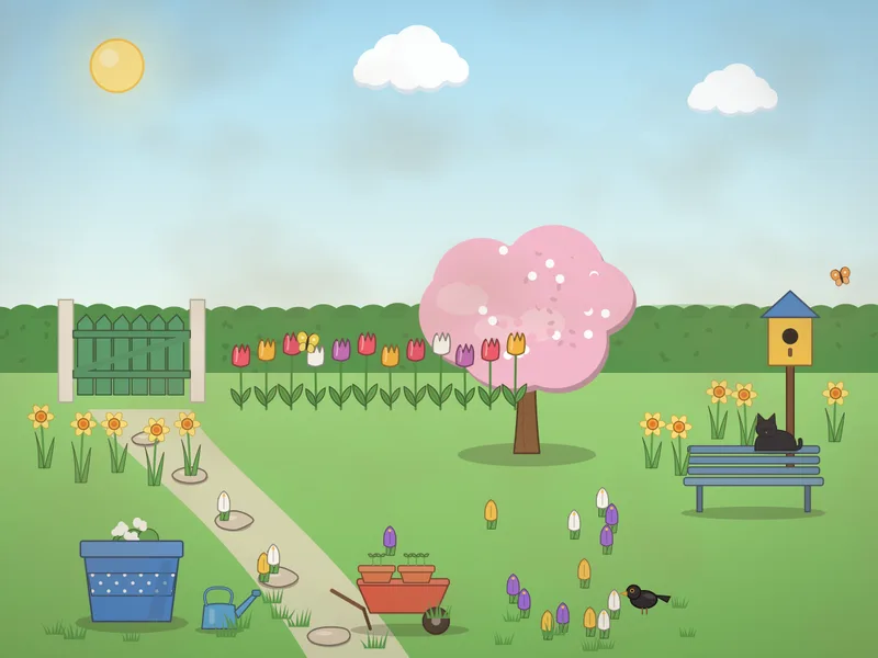 A spring garden with a pink blossom tree, drifts of daffodils by a green gate, a border of tulips, crocuses in the lawn, a bird house on a pole, a bench, a blackbird, a wheelbarrow of pots, a big blue pot and a hedge behind.