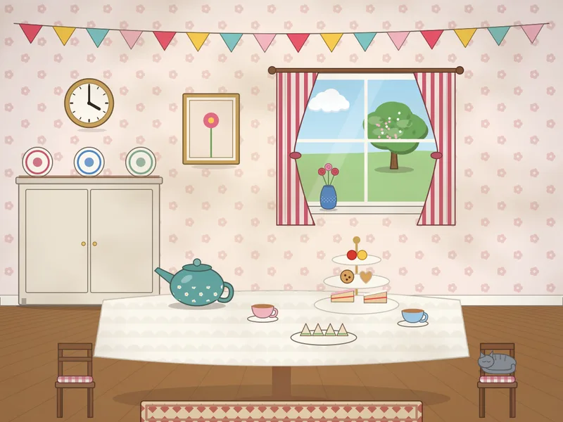 A parlour set for afternoon tea: a round table with a lace cloth, a flowered teapot, cups and saucers, a plate of sandwiches, a three-tier cake stand, a vase of roses, bunting along the wall, a dresser and a window with a garden view.