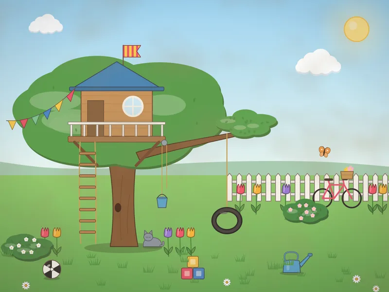 A big oak tree holding a wooden treehouse with a blue roof, a flag and a railing, a rope ladder to the grass, a tyre swing on a branch, a pulley bucket, bunting to the fence, a squirrel, a bicycle by the fence, a football and flower borders.