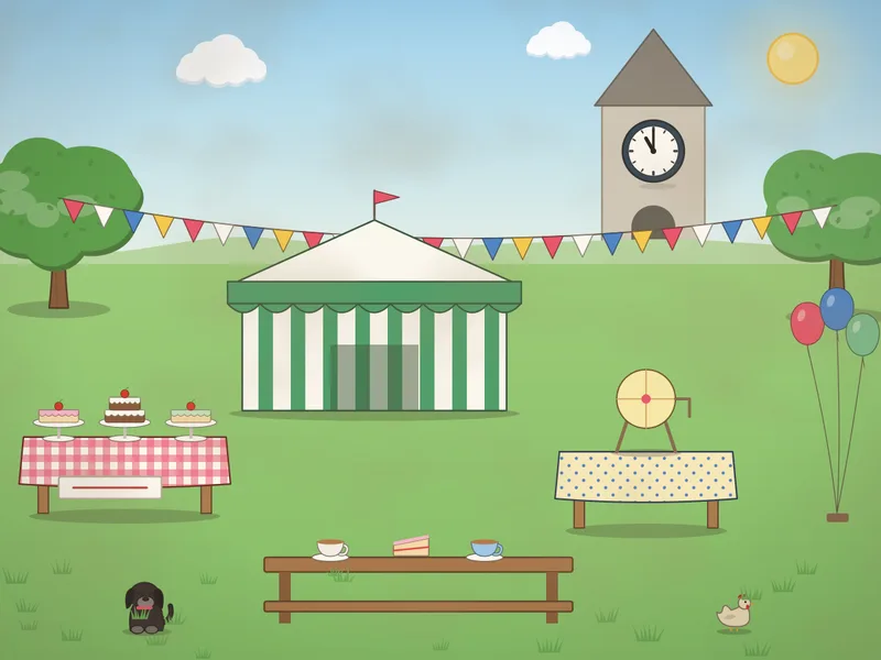 A village green on fete day with a green and white striped marquee, a cake stall with cakes on stands, a tombola drum, bunting between the trees, a church tower behind, balloons, a brass band chair and a picnic bench.
