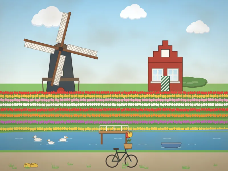 Flat tulip fields in stripes of red, yellow, pink and white, a tall dark windmill with white sails beside a canal, a brick farmhouse with a gable, a little wooden footbridge, a rowing boat, ducks on the water, a bicycle on the path, yellow clogs and a stork overhead.