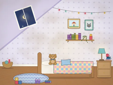 An attic bedroom with a sloping ceiling and a skylight showing a starry sky, a bed with a patchwork quilt, a teddy bear, a string of fairy lights, a bedside table with a lamp and books, toy blocks and slippers on a round rug.