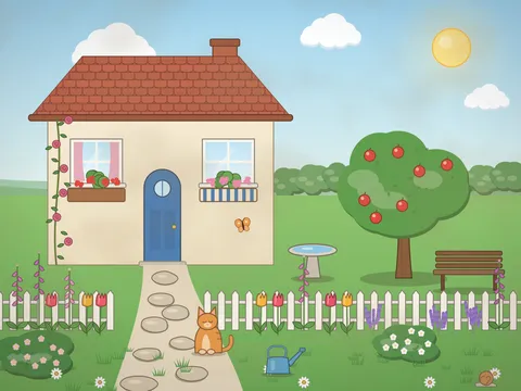 A cream cottage with a blue door and climbing roses, a picket fence with flower borders, an apple tree, a birdbath and a ginger cat on the path.