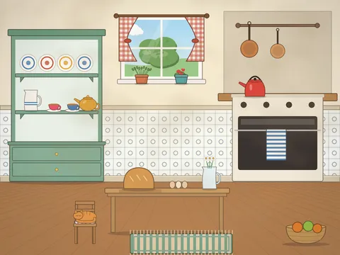 A country kitchen with a green painted dresser full of plates and jugs, a cream range cooker with a red kettle, copper pans hanging on a rail, a scrubbed table with a loaf, eggs and a jug of flowers, and a cat on a chair.