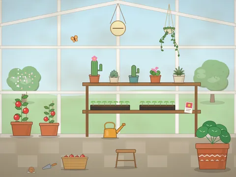 Inside a small greenhouse with glass panes and a white frame: tomato plants on canes, staging shelves of cacti and succulents, a hanging basket, a watering can, a stool and a butterfly near the roof.