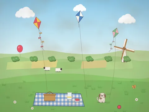 A grassy hilltop on a windy day with three colourful kites in the sky, a picnic blanket with a hamper and lemonade, sheep grazing, a windmill and patchwork fields in the valley, a dog chasing a ball and a red balloon.