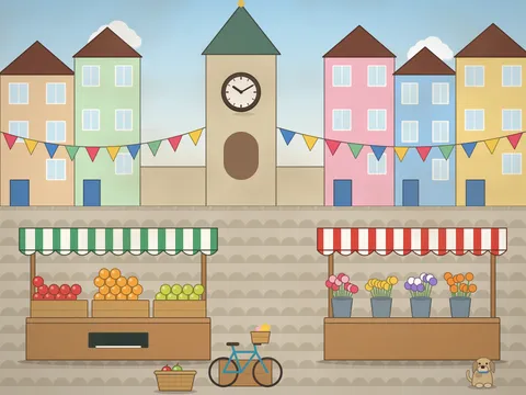 A market square with striped awnings over stalls of apples, oranges and pears, buckets of flowers, crates of vegetables, bunting strung between town houses, a clock tower, a bicycle with a basket and a dog.