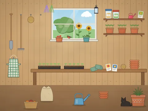 Inside a wooden potting shed: a window onto the garden, a shelf of pots and seedlings, garden tools on hooks, a workbench with seed trays and gloves, and a watering can on the floor.