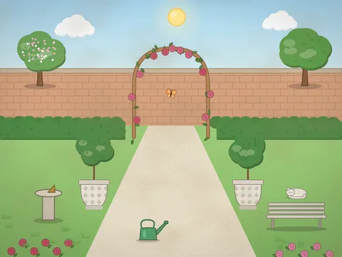 A walled garden with a rose-covered arch over a gravel path, clipped round topiary in pots, a sundial, a stone bench, a birdbath with a robin and borders of pink and red roses.