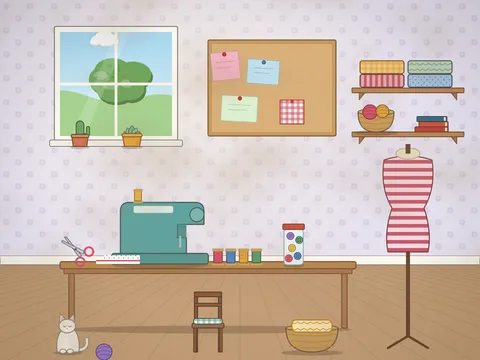 A craft corner with a teal sewing machine on a wooden table, spools of coloured thread, scissors, a jar of buttons, folded fabrics on a shelf, a pinboard of notes and swatches, a dressmaker’s dummy and a plant on the windowsill.