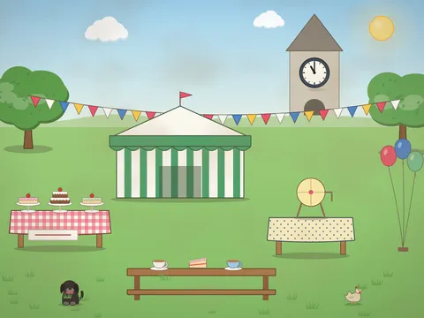A village green on fete day with a green and white striped marquee, a cake stall with cakes on stands, a tombola drum, bunting between the trees, a church tower behind, balloons, a brass band chair and a picnic bench.