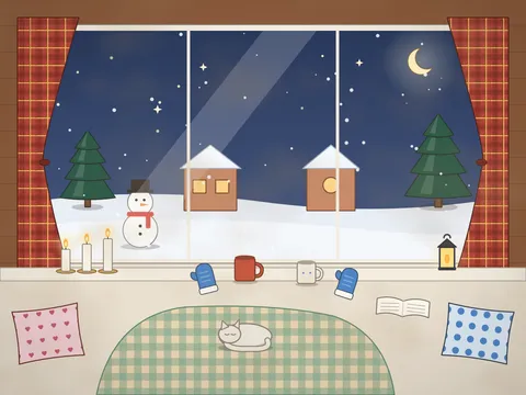 A wide window seat on a snowy evening: snow falling on a garden with a snowman and lit cottages, candles and lanterns on the sill, mugs of hot chocolate, knitted mittens, a sleeping cat, a book and a woollen blanket.